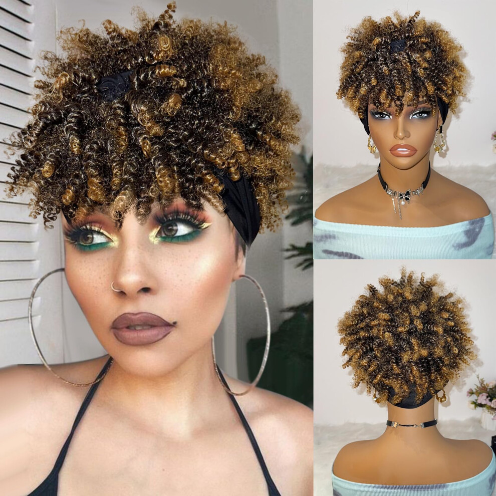 Deyngs Unisex Afro Headband Wig Kinky Curly Headband Wig With Bangs Blonde Head-Wrap Wigs 2 In 1 Ombre Afro Puff Wig With Bangs For Women Synthetic Half Wig