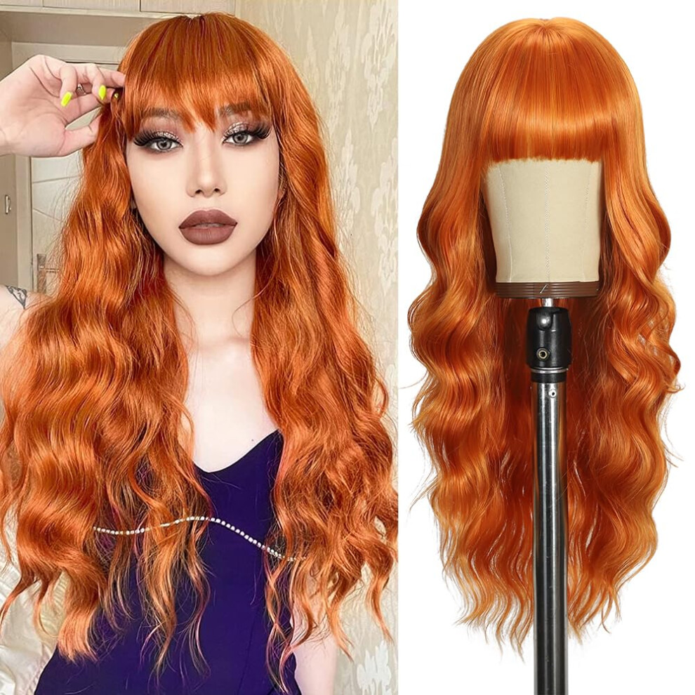 Unnymger Unisex Orange Wigs With Bangs Long Curly Wavy Wig For Women Long Wavy Wig Wear And Go Natural Synthetic Wigs For Daily Party Use 26In