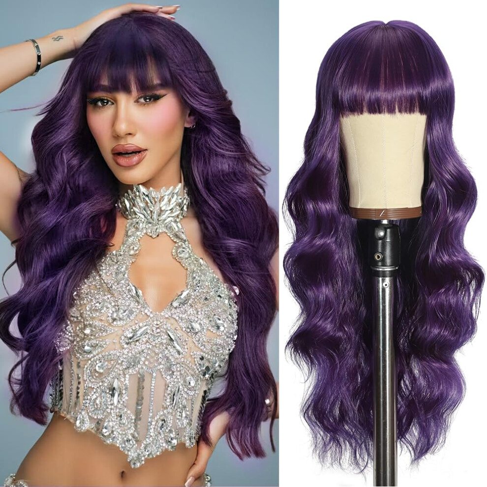 Unnymger Unisex Purple Wigs With Bangs Long Curly Wavy Wig For Women Long Wavy Wig Wear And Go Natural Synthetic Wigs For Daily Party Use 26In