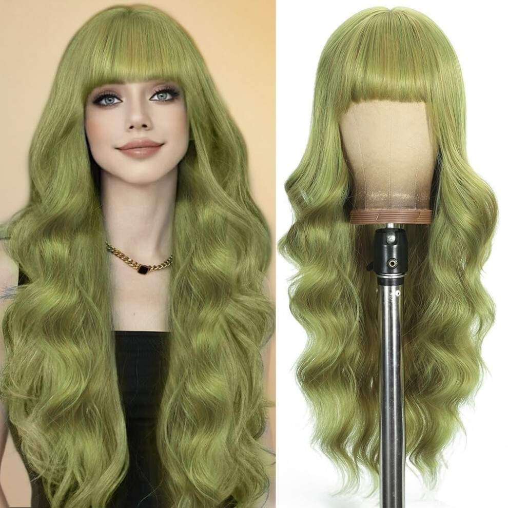 Unnymger Unisex Green Matcha Wigs With Bangs Long Curly Wavy Wig For Women Natural Wig Wear And Go Synthetic Wigs For Daily Party Use 26In