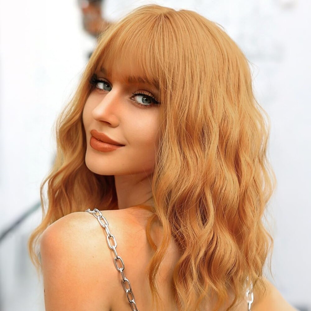 Ucubb Unisex Short Bob Wavy Wig With Bangs For Women Loose Curly Wig Look Natural Shoulder Length Bob Synthetic Cosplay Wig For Girl Colorful Costume Wigs