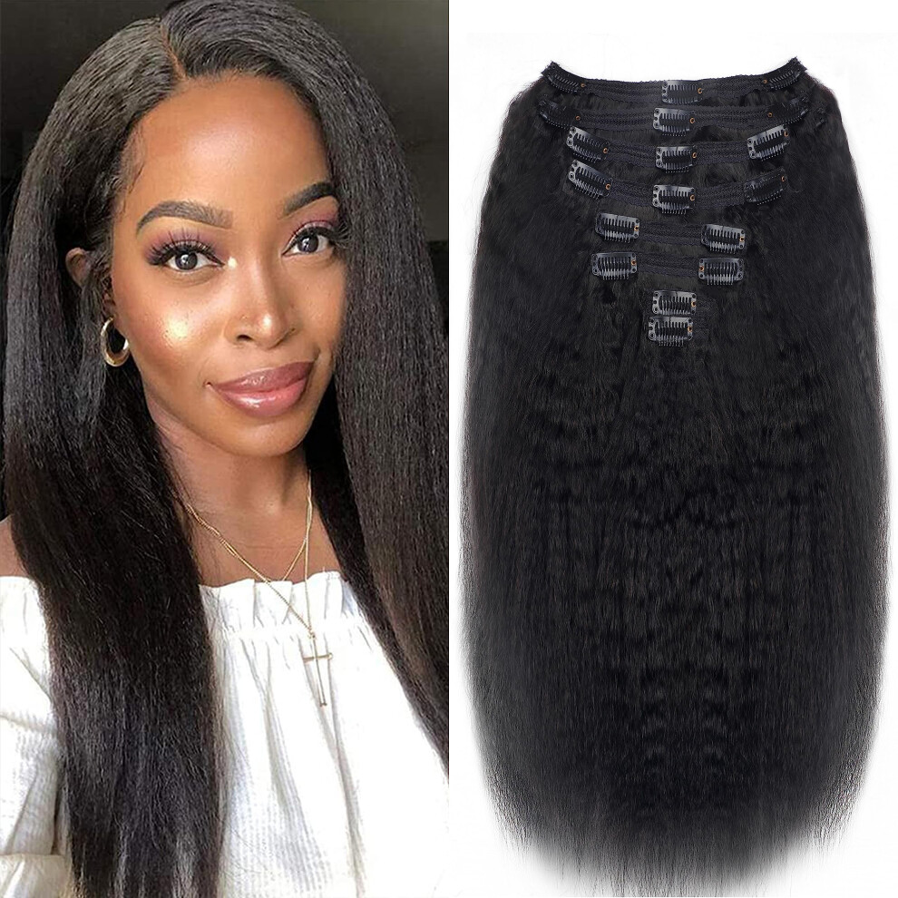 Mihugass Kinky Straight Clip In Hair Extensions Real Human Hair Natural Black Double Weft Clip Ins For Women 16 Inch 120G 8Pcs Seamless Kinky Straight Clip On