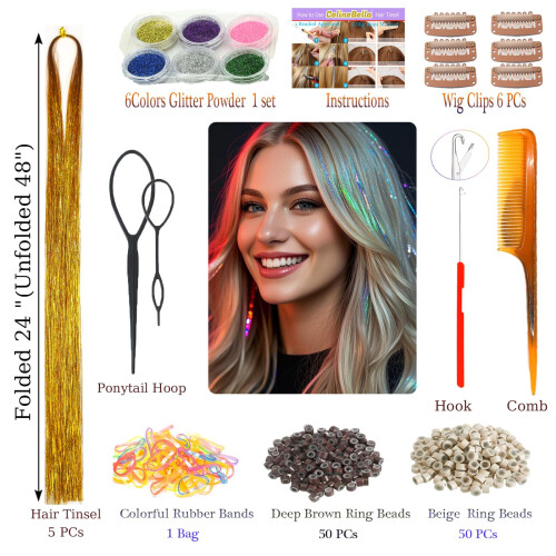 CelineBella Tinsel de Cabelo Dourado, 5 PCs/Pacote, 48 Polegadas, Resistente ao Calor, Extensões de Cabelo Para Crianças 1