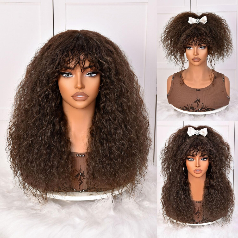 Sofun Unisex Black,Brown Dark Brown Curly Wig With Bangs For Black Women Long Curly Human Hair Glueless Wig For Daily Realistic Look With True Scalp