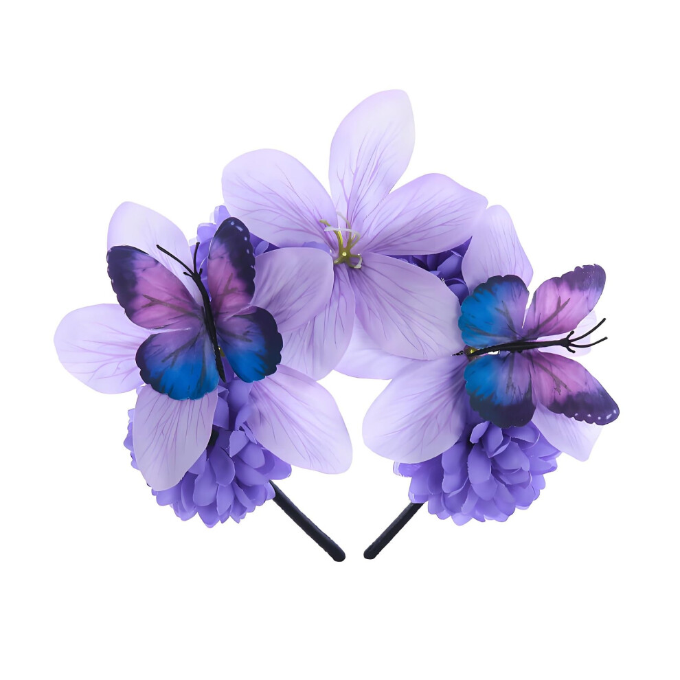 Accesyes Costume Mexican Flower Crown Day Of Dead Headpiece Hawaiian Boho Floral Headband Dia De Los Muertos Party Favor (Purple And Butterfly)