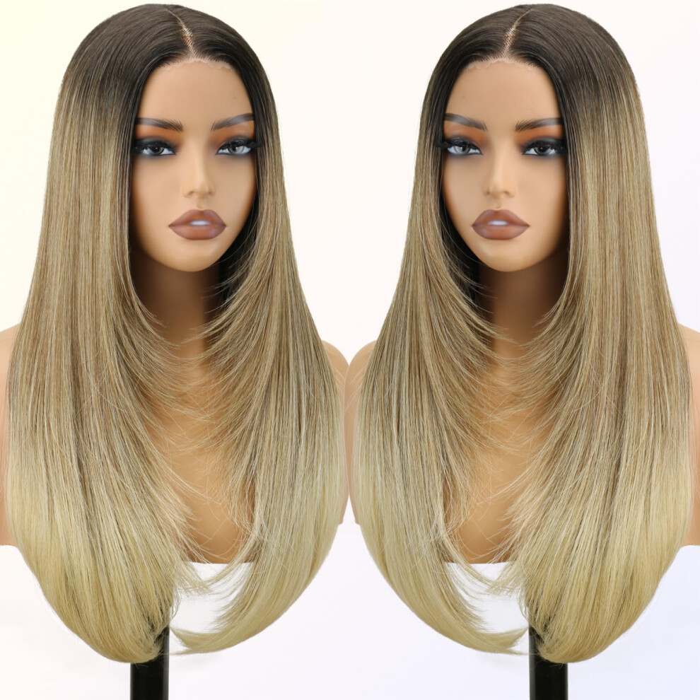 Nostalgia Unisex Ombre Blonde Wear And Go Glueless Wigs Pre Plucked Pre Cut For Beginners Synthetic Lace Front Wigs With Bangs Blonde Long Layered Straight
