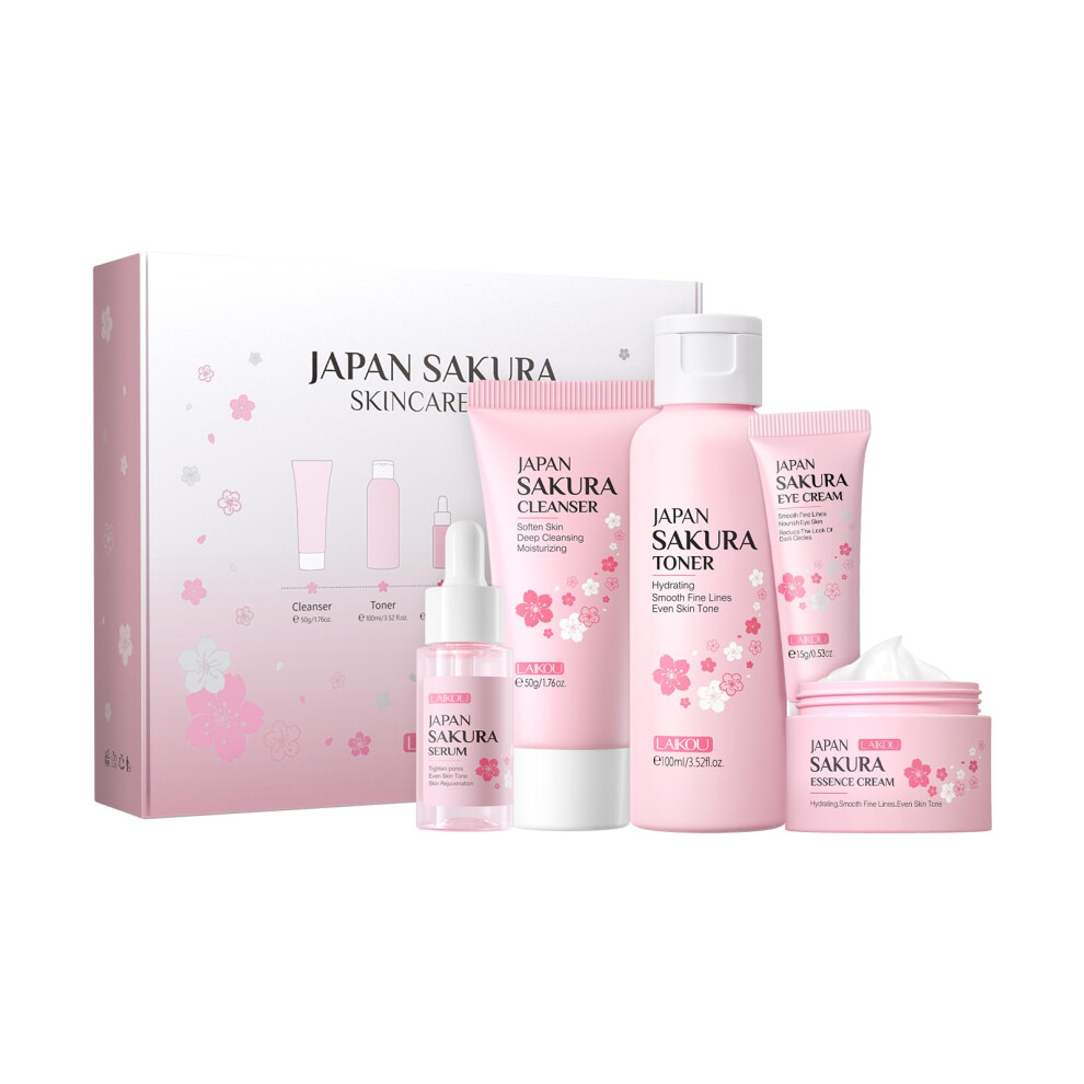 Laikou Skincare Set, Japan Sakura Skin Care Sets & Kits - Cleanser,Toner,Face Serum,Eye Cream,Face Cream, Gift Set For Teenage Girls Women Mom Daughter