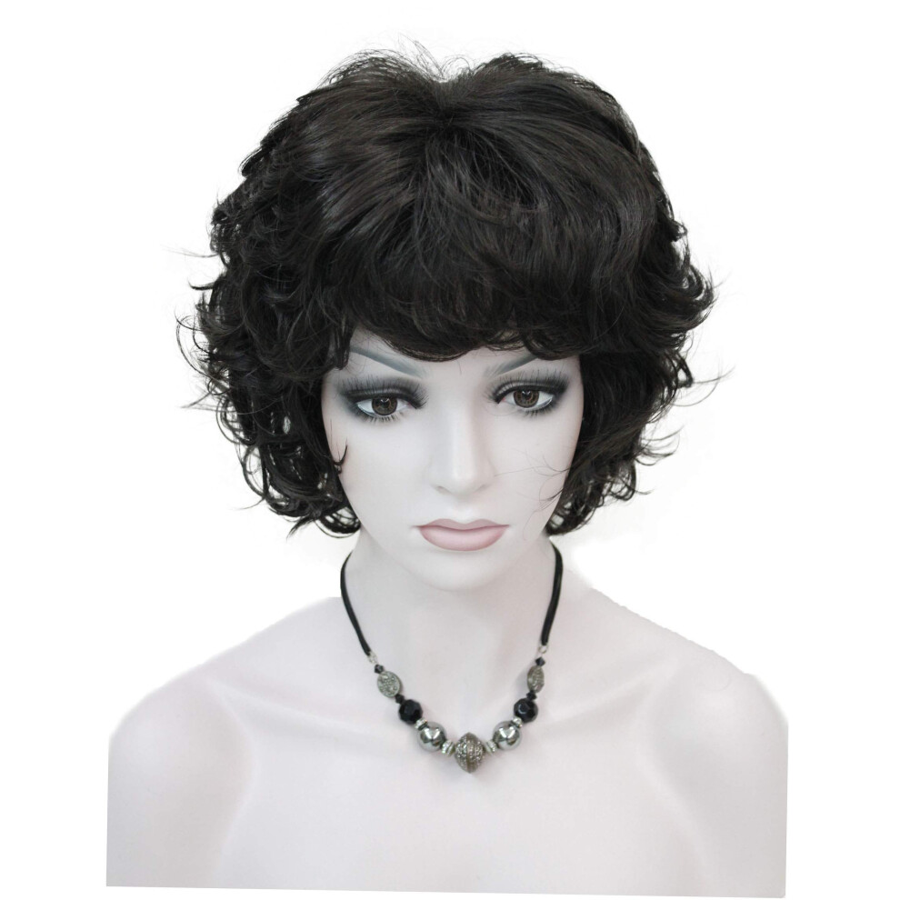 Wiginway Unisex Brown Short Curly Wavy Synthetic Hairpiece Wigs With Bangs For Women Girls Dark
