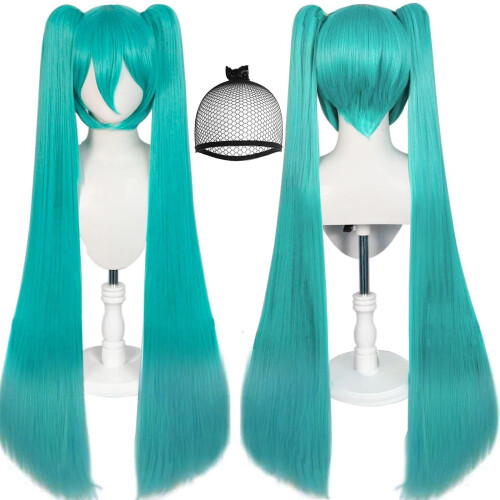 JoneTing Peruca Verde 120CM/47in com 2 Coques para Mulheres, Peruca Sintética Longa e Reta