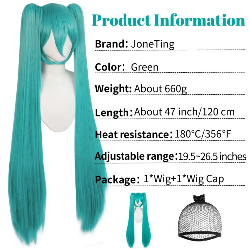 JoneTing Peruca Verde 120CM/47in com 2 Coques para Mulheres, Peruca Sintética Longa e Reta 2
