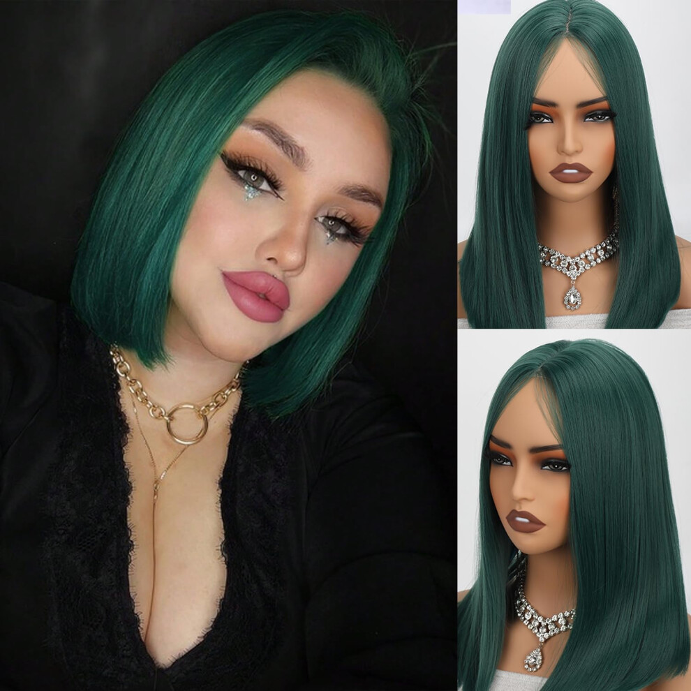 Xc Clouds Unisex Green Dark Straight Wigs For Women Pre Cut Lace Bob Wigs Blunt Cut Straight Bob Wig With Middle Part Simulated Scalp Medium Length Bob Wigs For