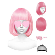 NSODREEM Parrucca Rosa e Occhiali da Festa, Parrucca Bob con Frangia Rosa Chiaro per Donne, Parrucca Cosplay - Decorazioni Addio al Nubilato (Rosa)