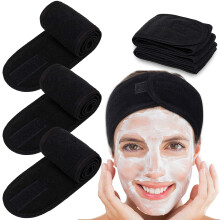 4er Set Spa Gesichtsbänder Whaline Kopfband Handtuch mit Magic Tape für Bad, Makeup, Sport, 8,9 cm Breit (Schwarz)