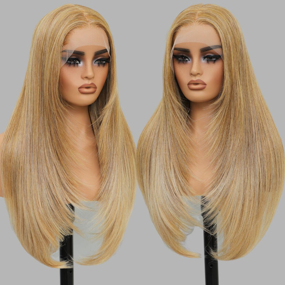 Sheshakewave Ombre Blonde 13X4 Synthetic Lace Front Wigs Pre Plucked 26 Inch Long Layered Straigt Wigs For Women 100% Futura Premium Fiber Ready To Wear Wig With