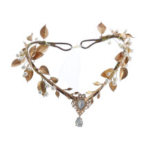 Bubbmi Bloemen Elf Kostuum Hoofdband met Hanger Bladeren V-vormige Verstelbare Fee Bos Haarband met voor Bruiloft Bruids Dames Meisjes (Gouden2)