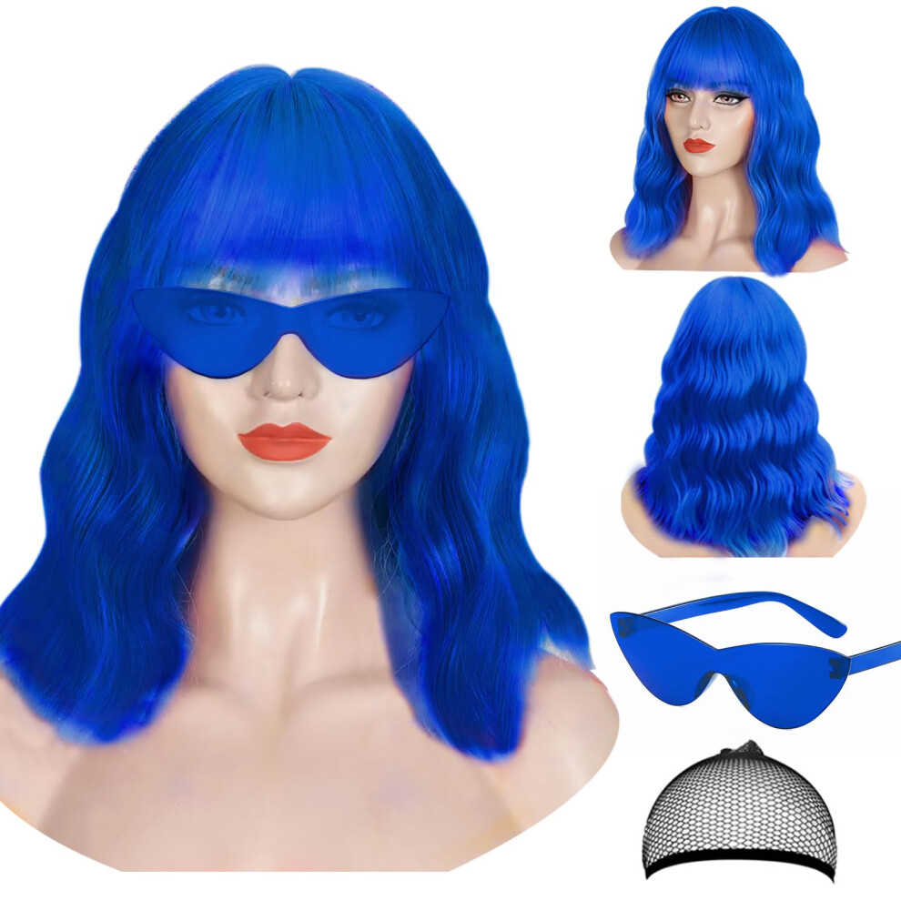 Loho Wonderz Unisex Blue Wig And Sunglasses Set - 15 Inch Wavy Wig With Bangs - Heat Resistant Bob Wig - Short Curly Wavy Wig - Shoulder Length Wigs For Wom