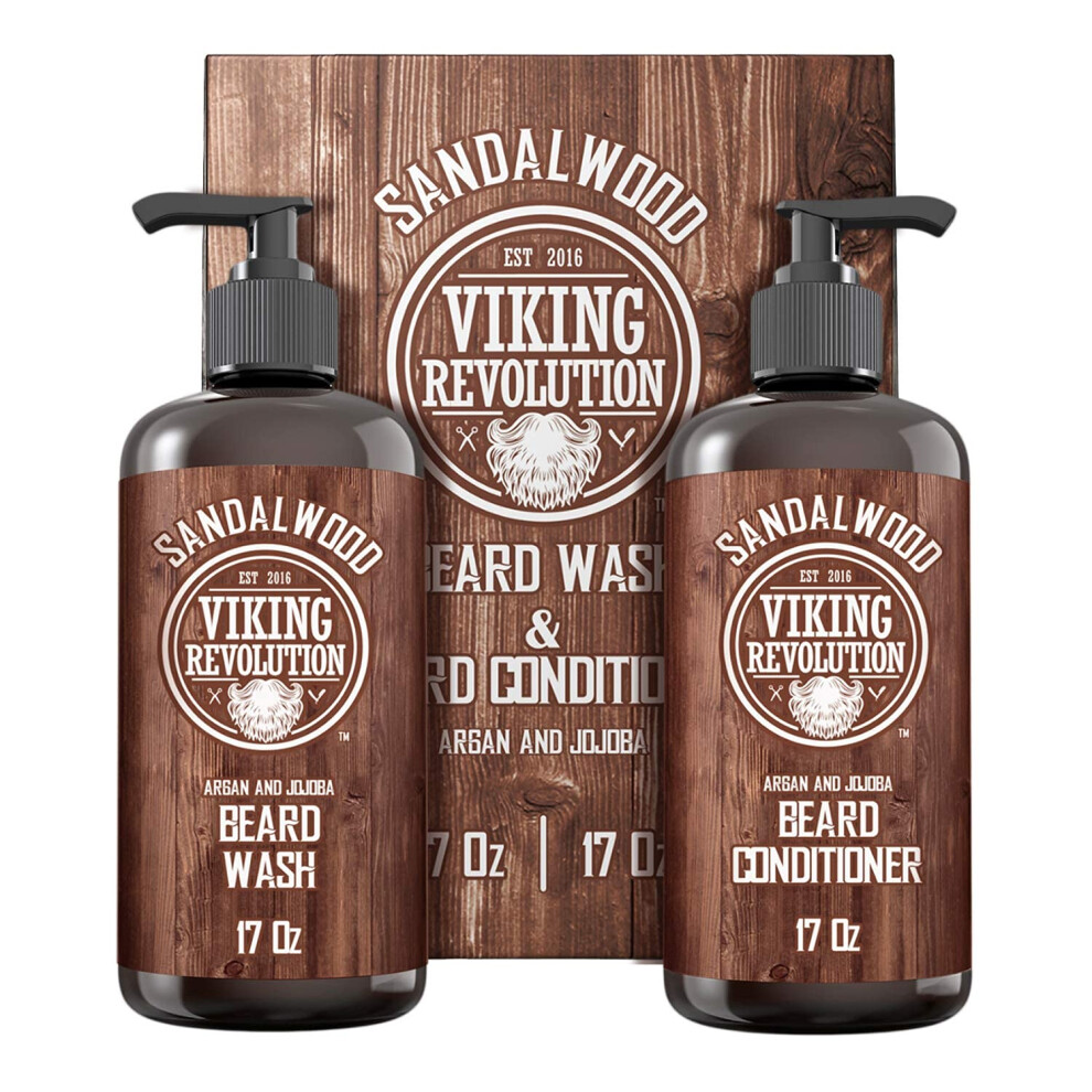 Viking Revolution Sandalwood Beard Wash For Men & Beard Conditioner For Men With Argan & Jojoba Oils - Softens & Strengthens - Natural Beard Shampoo And Conditioner Set