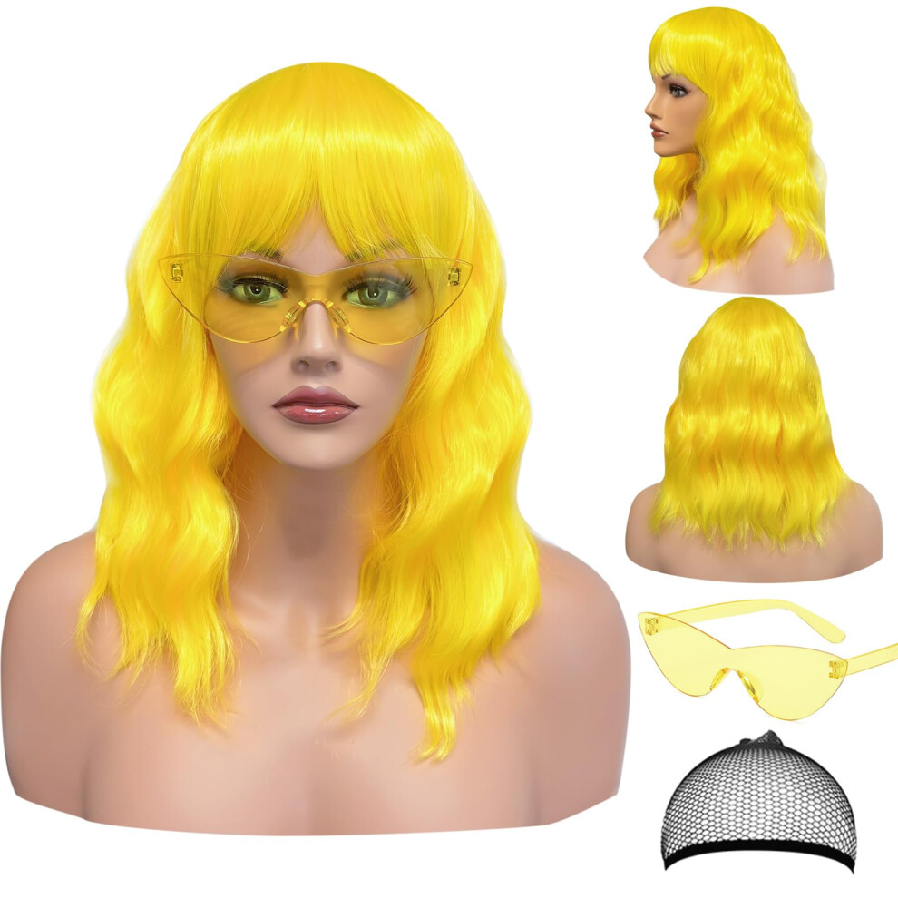 Loho Wonderz Wavy Wig And Sunglasses Set - 15 Inch Wavy Wig With Bangs - Heat Resistant Shoulder Length Curly Bob Wigs For Women - Bachelorette Party