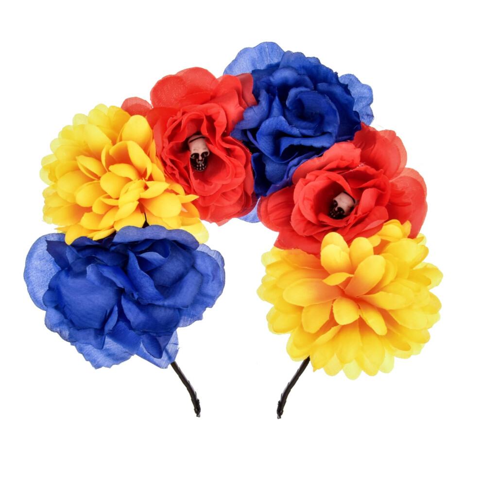 Accesyes Costume Mexican Flower Crown Day Of Dead Headpiece Hawaiian Boho Floral Headband Dia De Los Muertos Party Favor (Blue Yellow Sk Red)