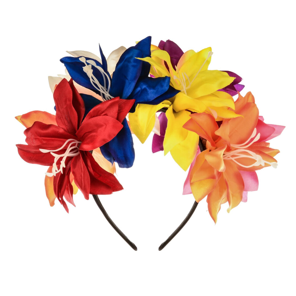 Accesyes Costume Mexican Flower Crown Day Of Dead Headpiece Hawaiian Boho Floral Headband Dia De Los Muertos Party Favor (Red Blue Yellow Lily)