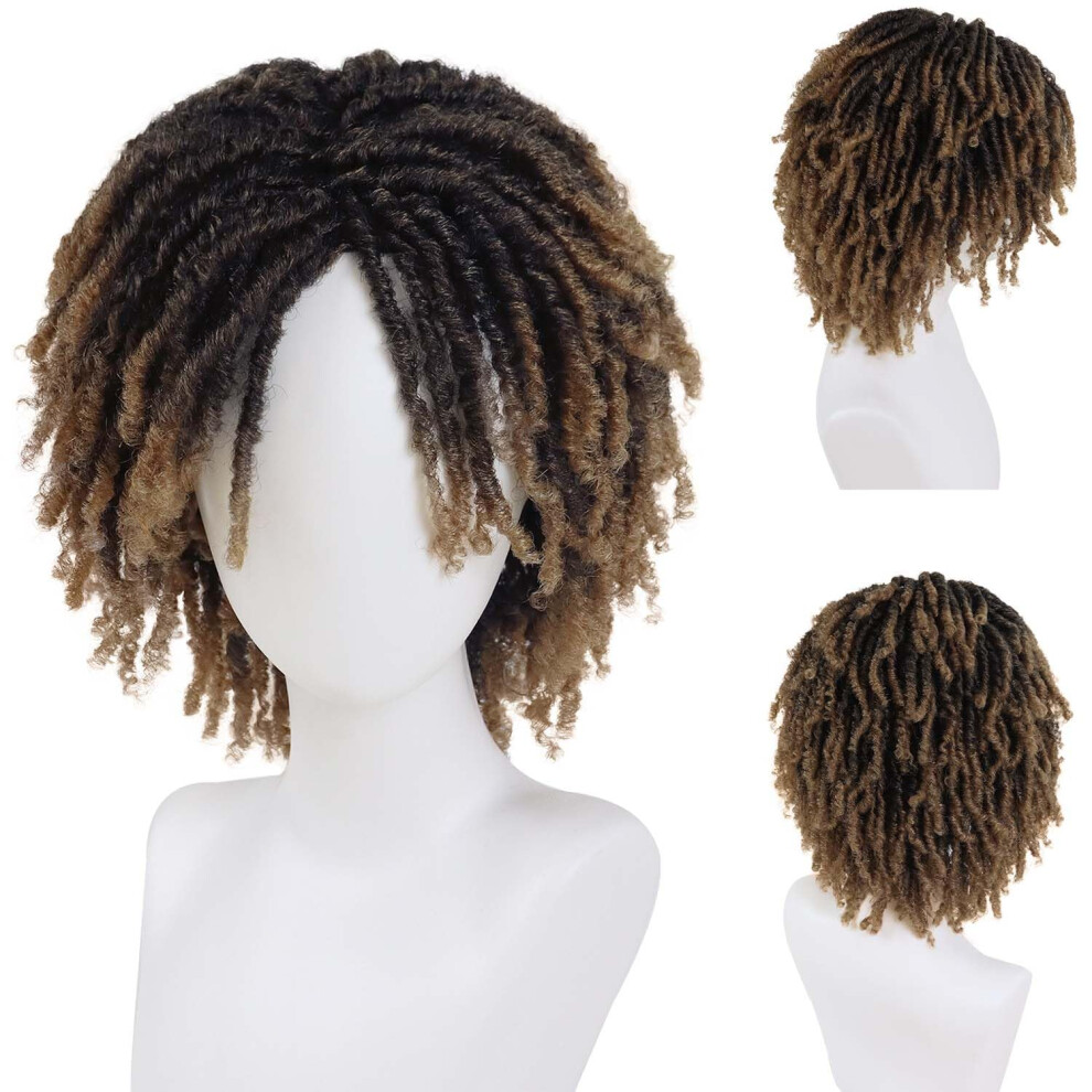 Gnimegil Unisex Brown Mens Dreadlock Wig Ombre Light Curly Hair Male Fake Dreads Loc Short Braided Wig With Bangs Realistic Twist Rasta Wigs Cosplay