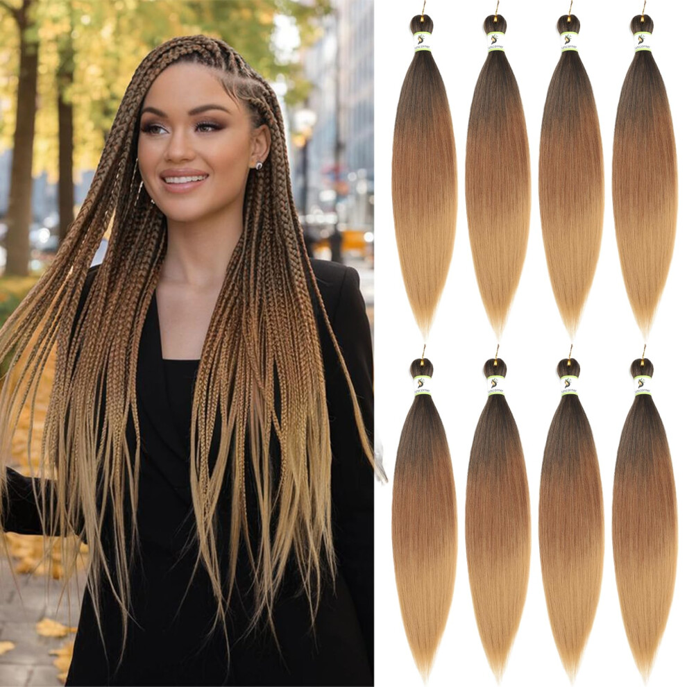 Nescorner 18Inch Ombre Braiding Hair Pre Stretched 8Packs, Blonde Brown Professional Crochet Braids For Women T1 30 27