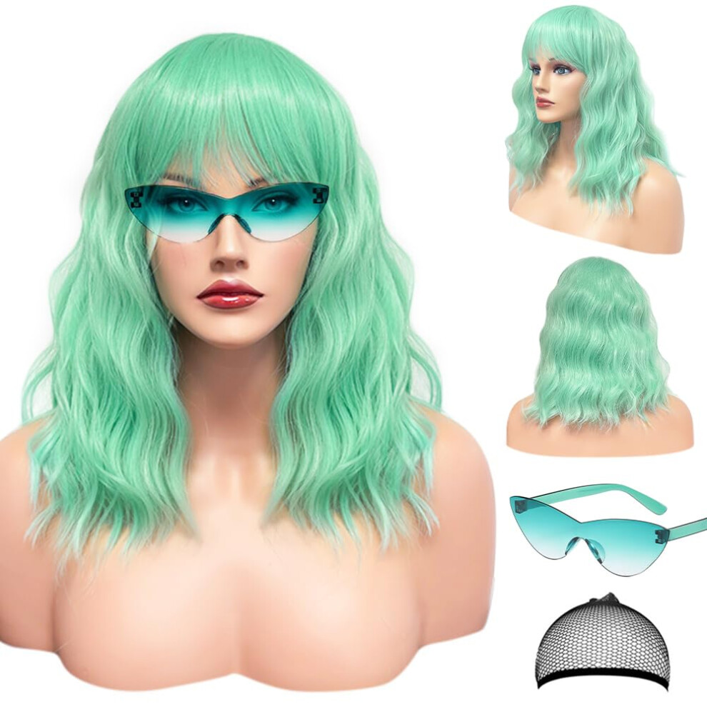 Loho Wonderz Wavy Wig And Sunglasses Set - 15 Inch Wavy Wig With Bangs - Heat Resistant Shoulder Length Curly Bob Wigs For Women - Bachelorette Party