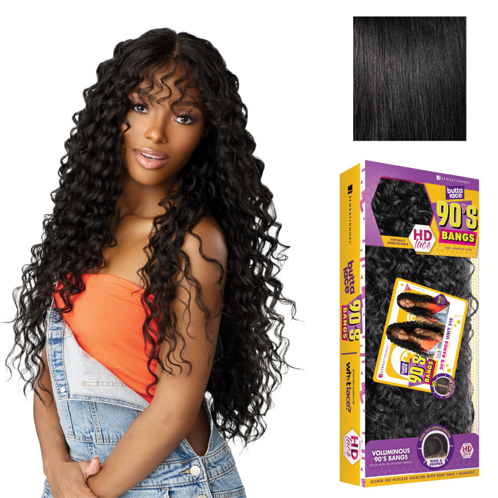 Sensationnel Unisex Butta Lace 90Sbangs Wigs - Unit 916 Glueless Wide Deep Center Part Synthetic Preplucked Hairline (1 Jetblack)