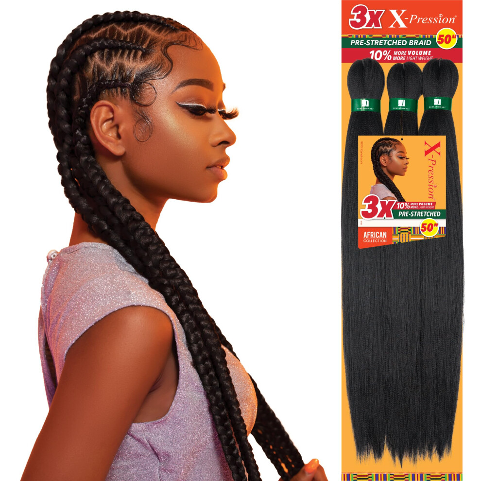 Sensationnel X-Pression Prestretched Braiding Hair - 3X Braid 50 Inch All Kanekalon Flame Retardant Synthetic Braid For Box Braids And Twists (1 Pack