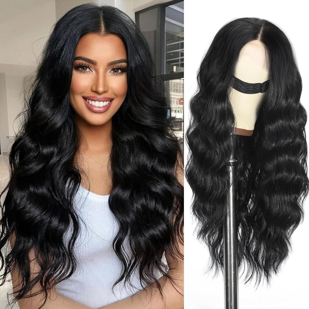 Scentw Unisex Black Glueless Wigs Wig For Women Hand-Tied Lace Synthetic Lace Front Wig Long Wavy With Natural Hairline Middle Part Synthetic Wig For Daily