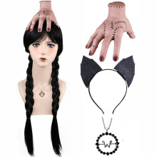 AKZKQKER Parrucche da donna Wednesday Addams con collana a mano e fascia per capelli Parrucche lunghe intrecciate nere con frangia per Halloween