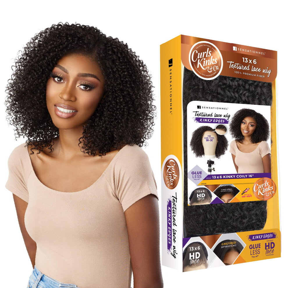 Sensationnel Unisex Curls Kinksandco Kinkyedges Wig - Kinky Coily 16 Inch 13X6 Lace Frontal Natural Kinkytexture Edged Hairline For Natural 3C To 4C Hair Te
