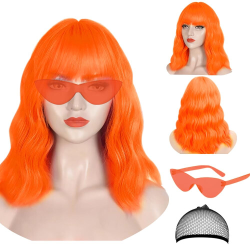 Conjunto de Peruca e Óculos de Sol LOHO WONDERZ - Peruca Cacheada de 15 Polegadas com Franja - Peruca Bob Resist. ao Calor