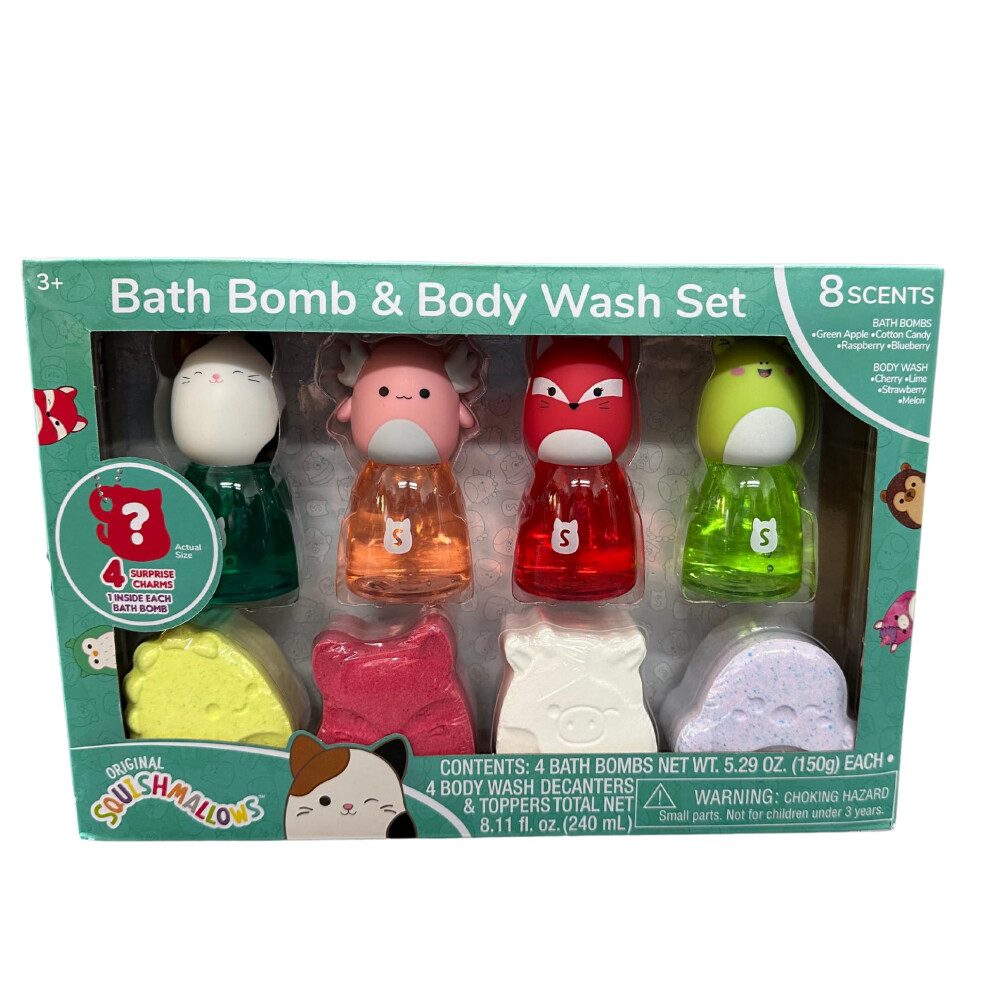Original Squishmallo Original Squishmallows Bath Bomb & Body Wash Set, 8-Piece Set With 4 Scented Body Wash & 4 Bath Bombs, 4 Surprise Charms In Each Bath Bomb! Make Bath