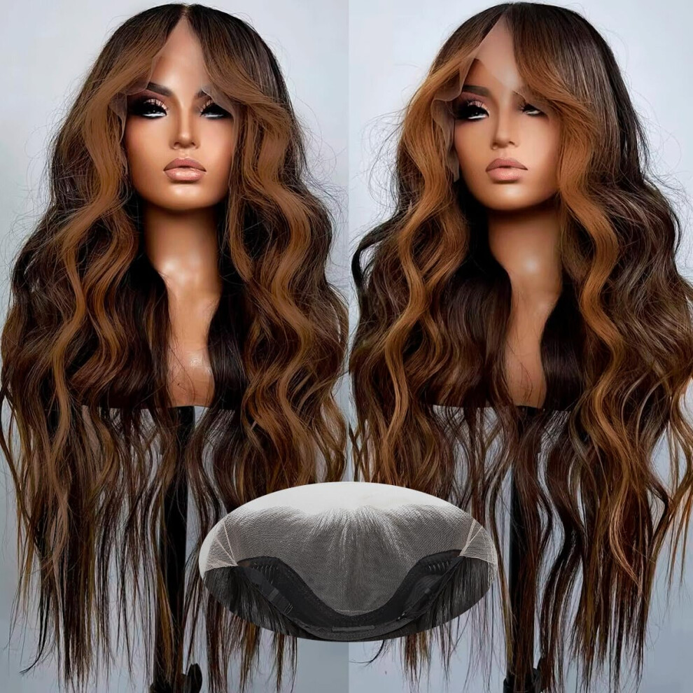 Seykiki Synthetic 13X4 Hd Lace Front Wigs For Black Women Highlight Brown Mix Black Natural Wavy 26 Inch Glueless Wig Ready To Wear Pre Plucked Middl