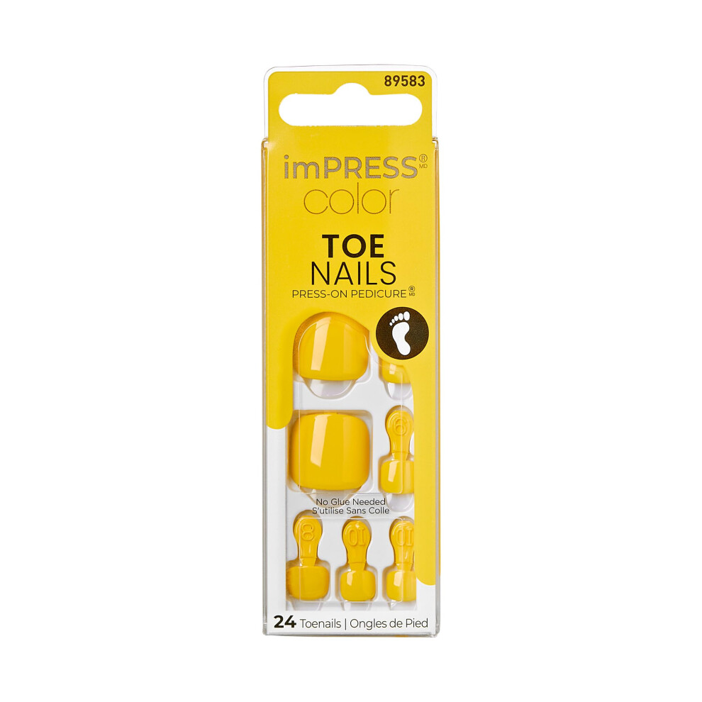 Kiss Yellow Impress Color No Glue Pedi Press-On Toenails Solid Squoval Shape Includes 24 Nails Prep Pad 1 Manicure Stick 1 Mini File