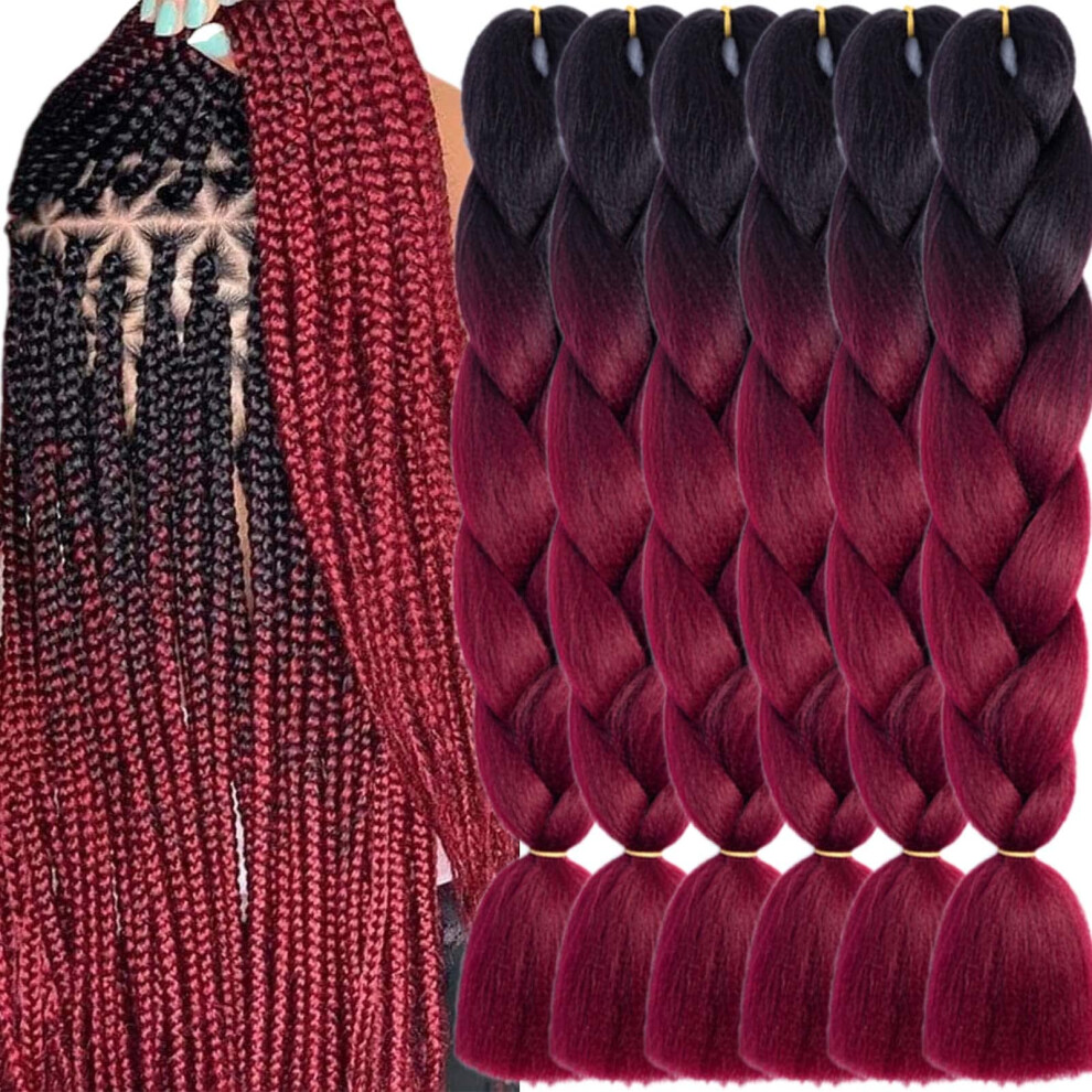 Lilyka Show Black To Wine Red Braiding Hair 6 Packs 24 Inch Synthetic Braid Hair Extensions Jumbo Ombre Braiding Hair Box Braids Twist Crochet Braids(