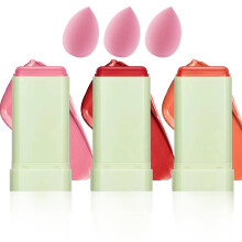 3 farver Blush Stick Multi-Use Cream Blush Vandt?tning H?jpigmenteret Makeup Stick Fugtgivende Makeup Creme S?t med Blender Svamp