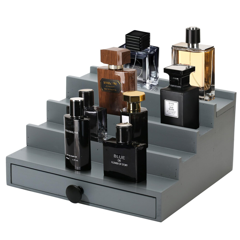 Fengligoo Grey Cologne Organizer For Men - 4 Tier Wooden Cologne Display Stand With Drawer And Hidden Compartment Mens Cologne Perfume Holder Shelf
