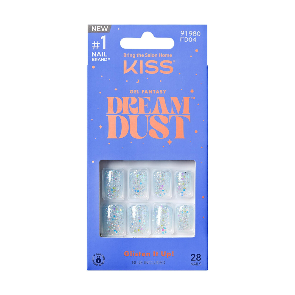 Kiss Blue Gel Fantasy Dreamdust Press-On Nails Nail Glue Included 'Champagnes' Light Short Size Squoval Shape Includes 28 Nails 2G Glue 1 Ma