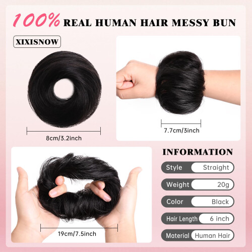 XIXISNOW Messy Bun Haarschmuck 100% Echthaar Chignons Scrunchie Lockiger Fluffiger Dutt 1