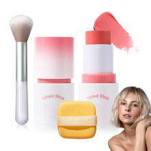 Cream Blush Stick med b?rste og makeup svamp Vandt?t Multi Cream Makeup Stick Letv?gts Langtidsholdbar 2 i 1 Multi Blush til kinder & l?befarve o
