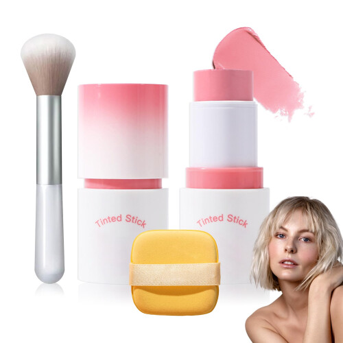 Batom e Blush em Creme com Pincel e Esponja, Waterproof, Leve, 2 em 1 para Bochechas e Lábios