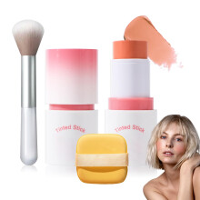 Cream Blush Stick med b?rste og makeup svamp Vandt?t Multi Cream Makeup Stick Letv?gts Langtidsholdbar 2 i 1 Multi Blush til kinder & l?befarve o