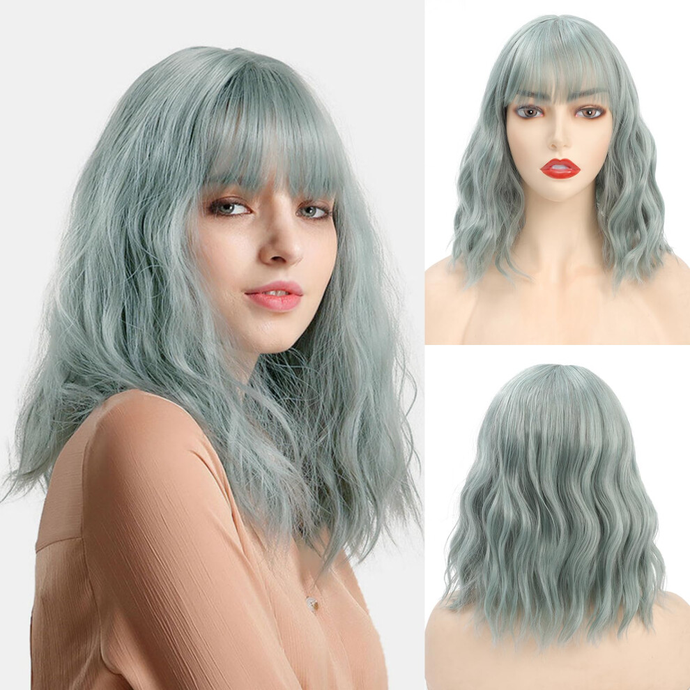 Mosina Unisex Silver,Grey Wigs For Women - Mix Silver Grey Wig With Bangs For Women Short Wavy Bob Wig Cosplay Wig Synthetic Wigs