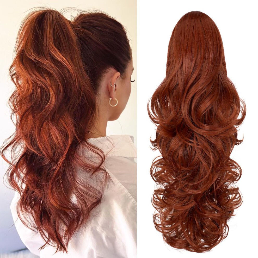 Felendy Ponytail Extension Claw 18"""" Copper Red Curly Wavy Clip In Hairpiece One Piece A Jaw Long Pony Tails For Women