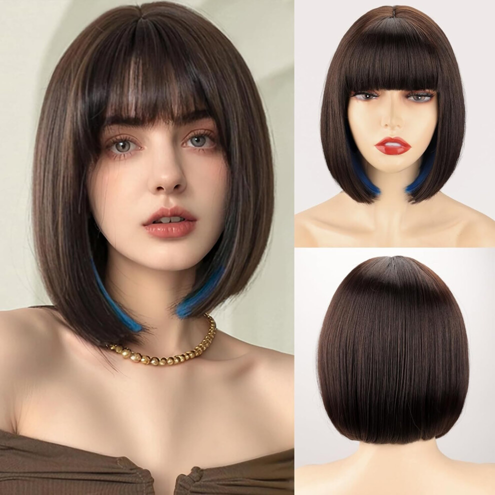 Meet Naive Unisex Black,Brown Short Bob Wigs With Bangs - 12 Inch Light Brown Yaki Straight Hair Daily Costume Wig For Black Women Soft Light Synthetic Hair Replacemen