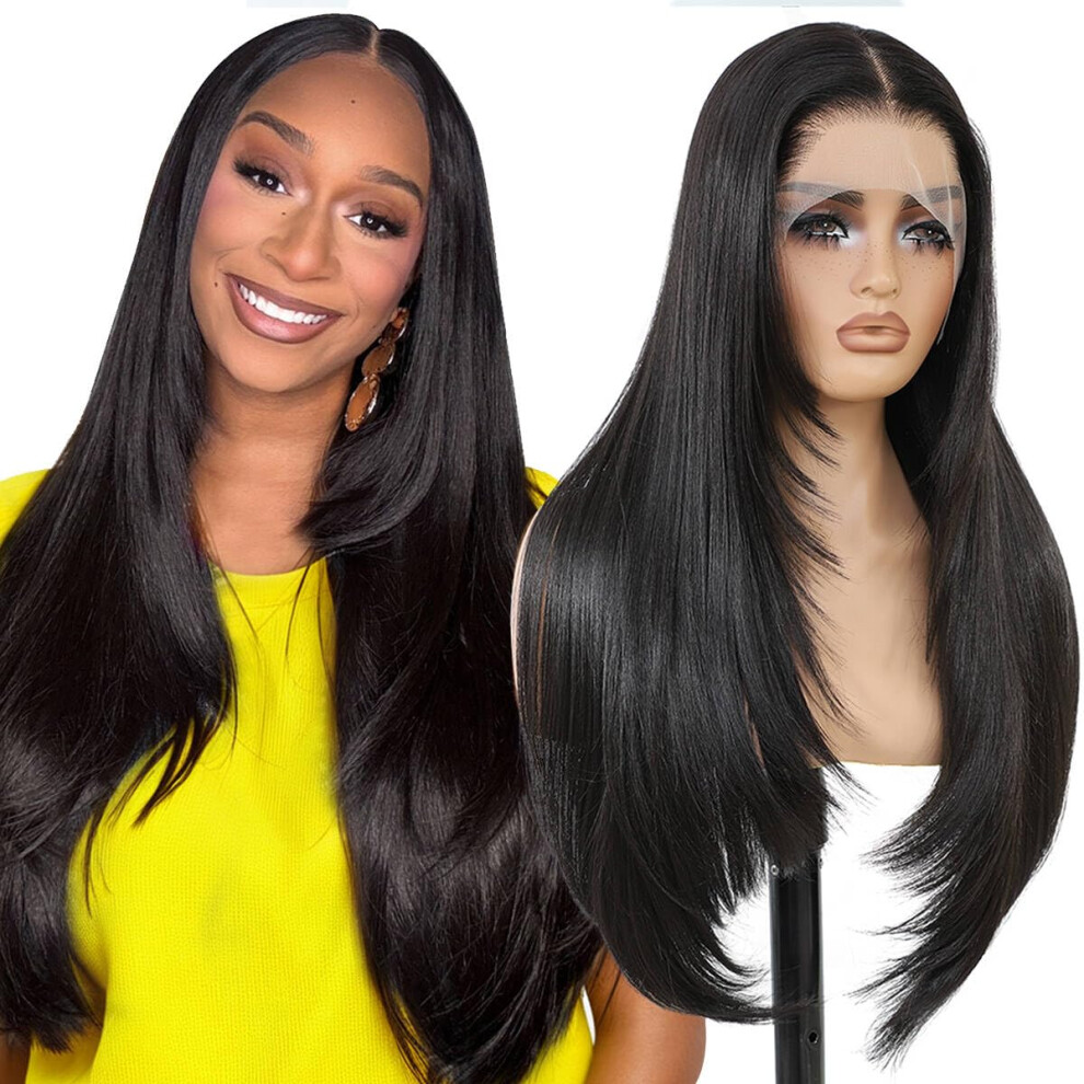 Sheshakewave Synthetic Lace Front Wigs Pre Plucked 13X4 Hd Lace Black Wigs For Women 26 Inch Long Layered Straight Wigs 100% Futura Premium Fiber Wig With Bangs R