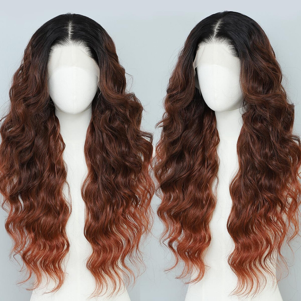 Layshago Synthetic 13X4 Hd Lace Front Wigs Pre Plucked 26 Inch Long Wavy Ombre Burgundy With Black 100% Futura Premium Lace Wigs For Black Women Ready To Wear