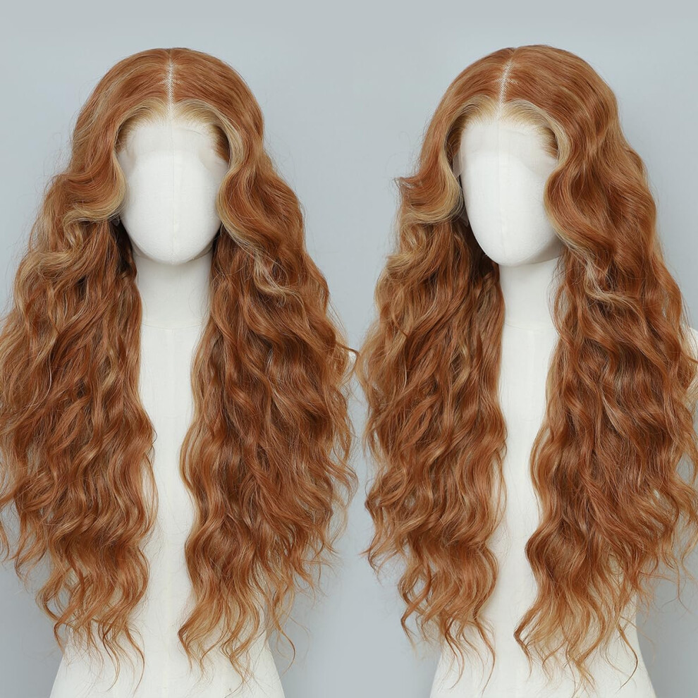 Layshago Synthetic Lace Front Wigs Pre Plucked Long Wavy 13X4 Hd Lace Skunk Stripe Blonde With Ginger 100% Futura Premium Lace Wigs For Black Women 26 Inch Re
